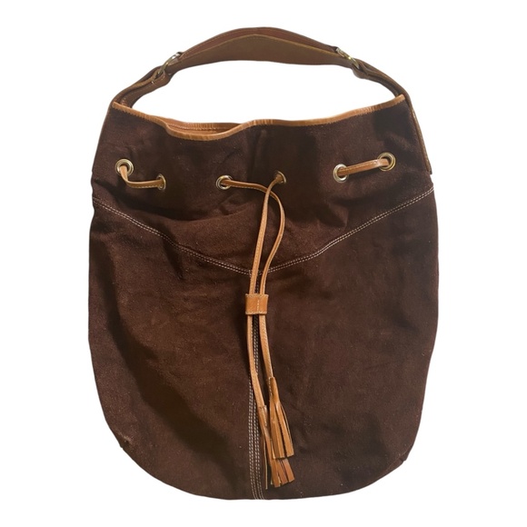 Suede & leather large bucket shoulder bag - Picture 4 of 16